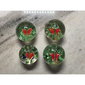 Set of 4 Vintage Red Butterfly Bubble Art Glass Paperweights